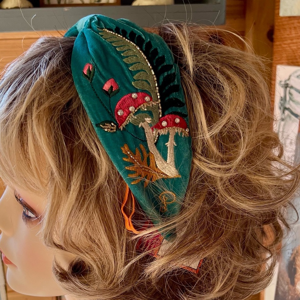 Embroidered Toadstool Velvet Headband - Picture 7 of 9